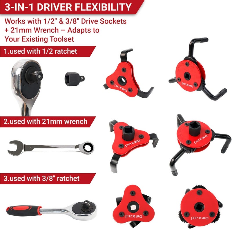 pexwo 2-Piece 3-Jaw Adjustable Oil Filter Wrench Set - Universal Fit for 2-1/2" to 5-1/2" Filters, 3/8" and 1/2" Both Drive - Image 4